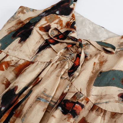 【ワンピース】油絵風ドレープ感 フラワープリント  夏 ゆったり ノースリーブワンピース【SHシリーズ】