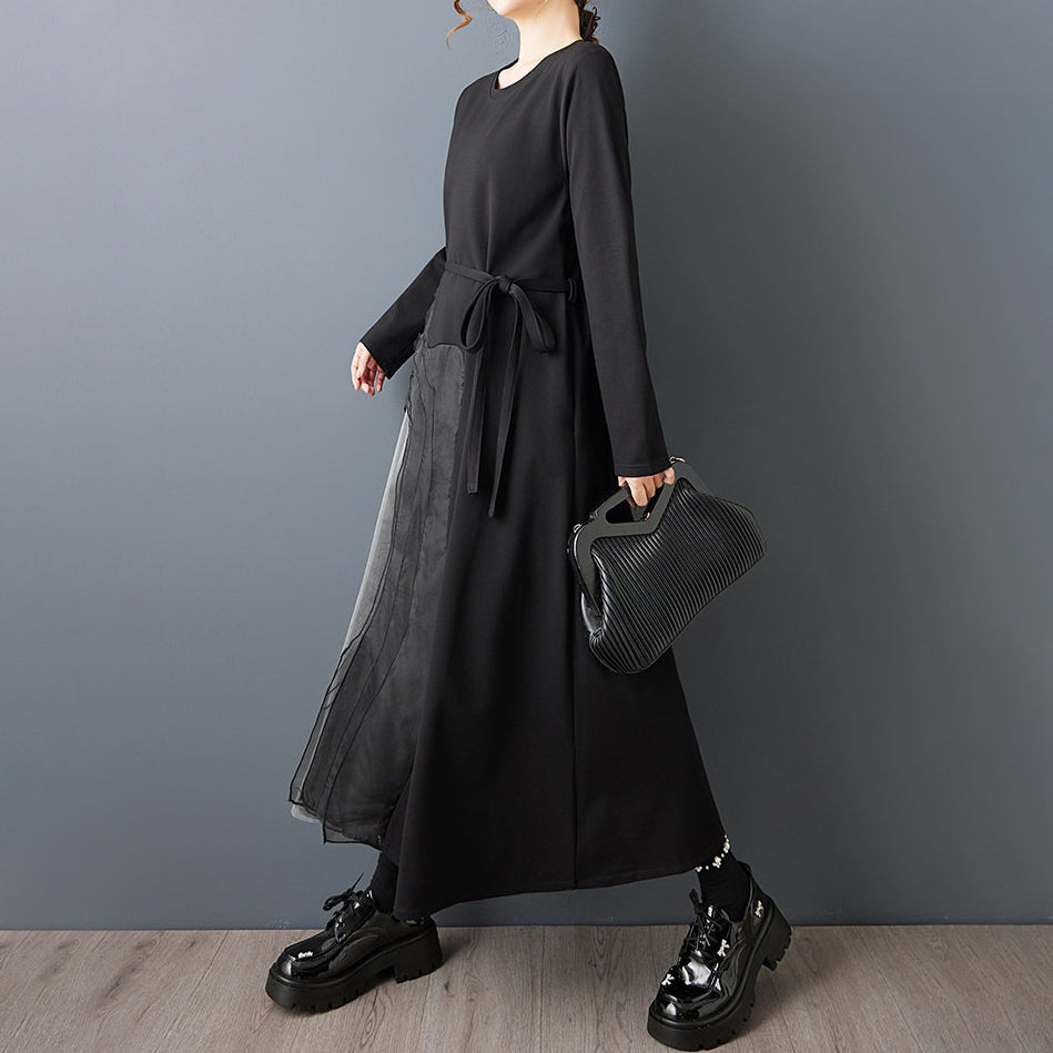 【ワンピース】ゆったり ダークモード デザインワンピース チュール 重ね切替 長袖ワンピース レディース モード系 雰囲気 ロングドレス【AHシリーズ】