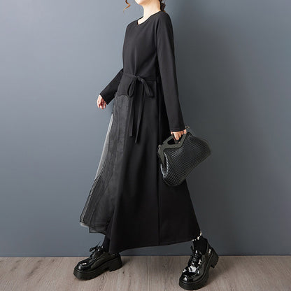 【ワンピース】ゆったり ダークモード デザインワンピース チュール 重ね切替 長袖ワンピース レディース モード系 雰囲気 ロングドレス【AHシリーズ】