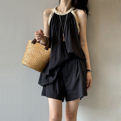 🎉 売り上げ急上昇！2点セット【セットアップ】夏 ラウンドネック フリルギャザー タンクトップ + ショートパンツ 2点上下セット 【JZシリーズ】