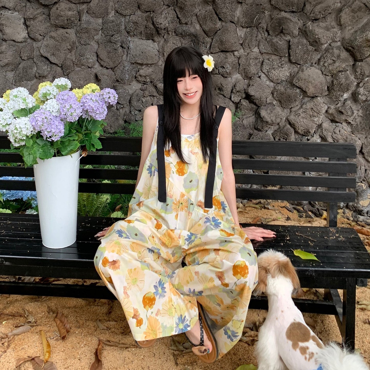 【ボトムス】水彩プリント サロペット レディース 夏 ワイドパンツ ゆったり 体型カバー オールインワン リラックスコーデ 人気【SHシリーズ】