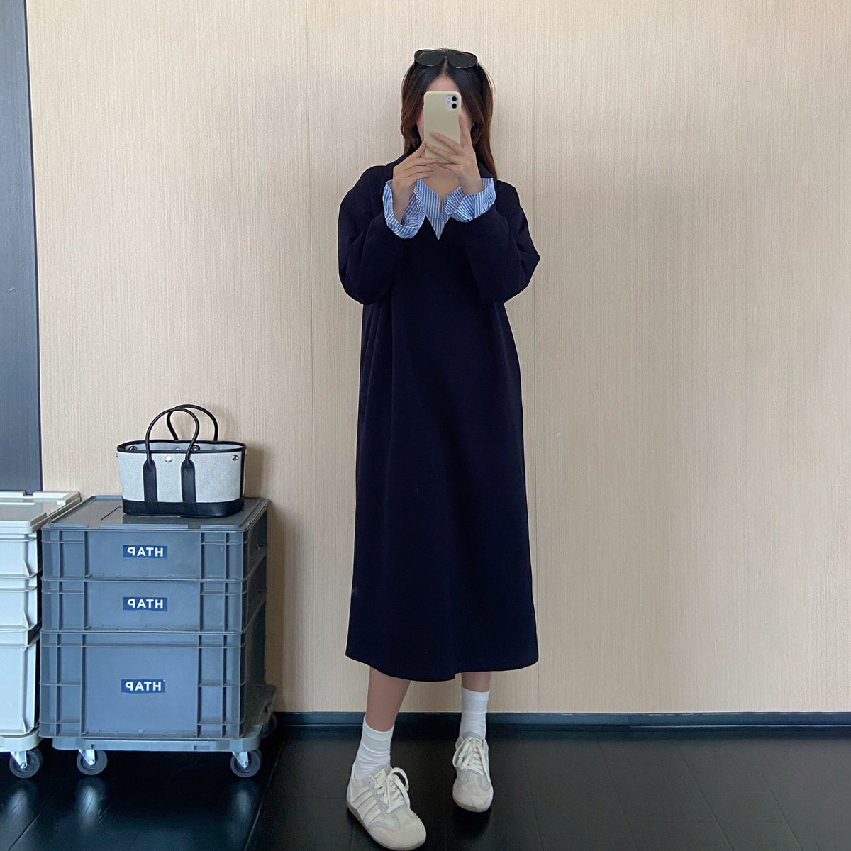 【ワンピース】韓国風フェイクレイヤードワンピース レディース 秋新作 ストライプ シャツカラー ゆったり ロング丈【JZシリーズ】