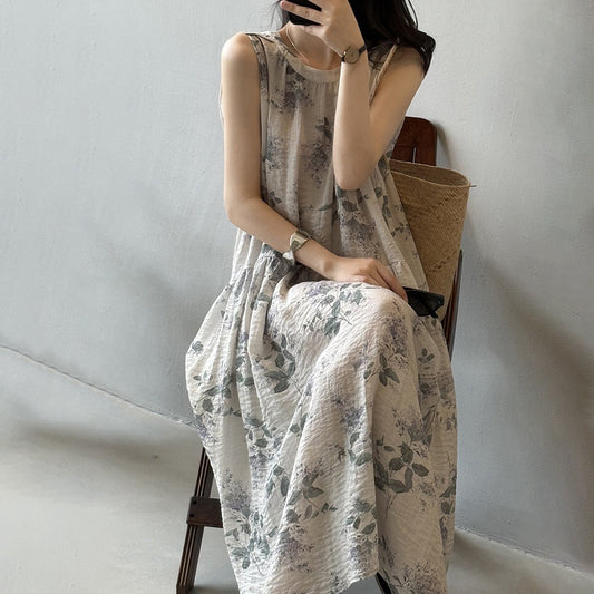 【ワンピース】夏新作 リゾート風 花柄 ノースリーブワンピース ラウンドネック フラワープリントドレス【SHシリーズ】【JZシリーズ】