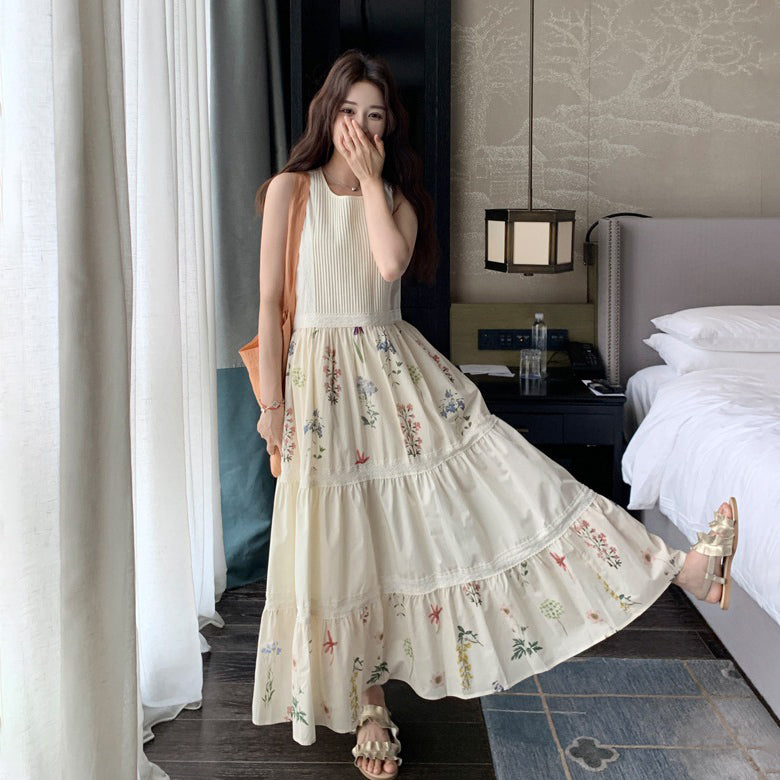 【ワンピース】夏 フレンチ気質 小花柄切替ノースリーブワンピース リゾート感たっぷり【SHシリーズ】