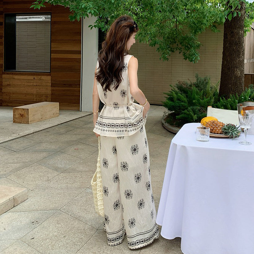 2点セット！【セットアップ】エスニック柄ベスト＋ワイドパンツ 上下セットアップ 韓国風 夏 レディースコーデ【SHシリーズ】
