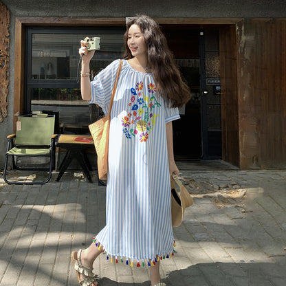 【ワンピース】韓国風 上品 リラックス感 ストライプ柄 半袖ワンピース レディース 夏用【SHシリーズ】