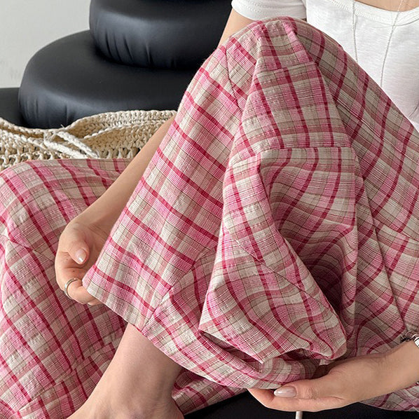 粉色格紋闊腿褲｜高腰休閒寬褲【JZ系列】