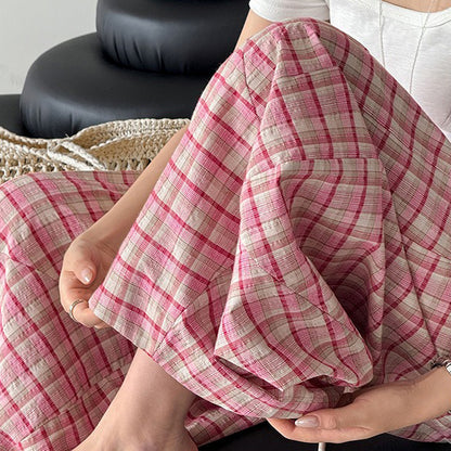 粉色格紋闊腿褲｜高腰休閒寬褲【JZ系列】