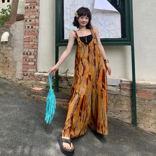 【ボトムス】高見えレトロ ゆったりワイドシルエット アート感キャミオールインワン 【SHシリーズ】