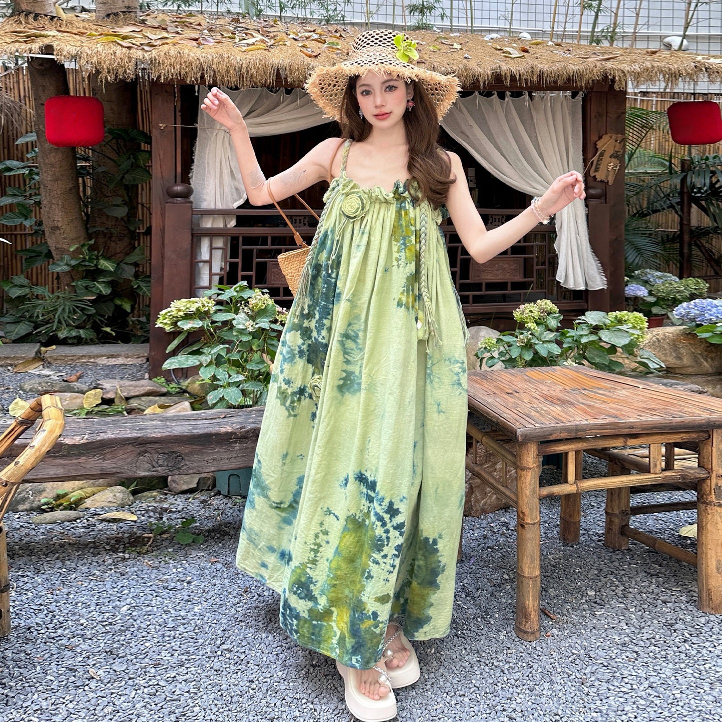 【ワンピース】水墨画風 グラデーションプリント ノースリーブワンピース 夏 大人可愛い 涼感 体型カバー リゾートワンピース【SHシリーズ】