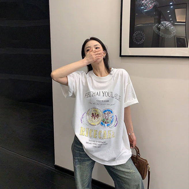 【トップス】デザイン感 カートゥーングラフィックTシャツ 薄手 半袖 オーバーサイズ ルーズシルエット 個性派カジュアル【FCシリーズ】