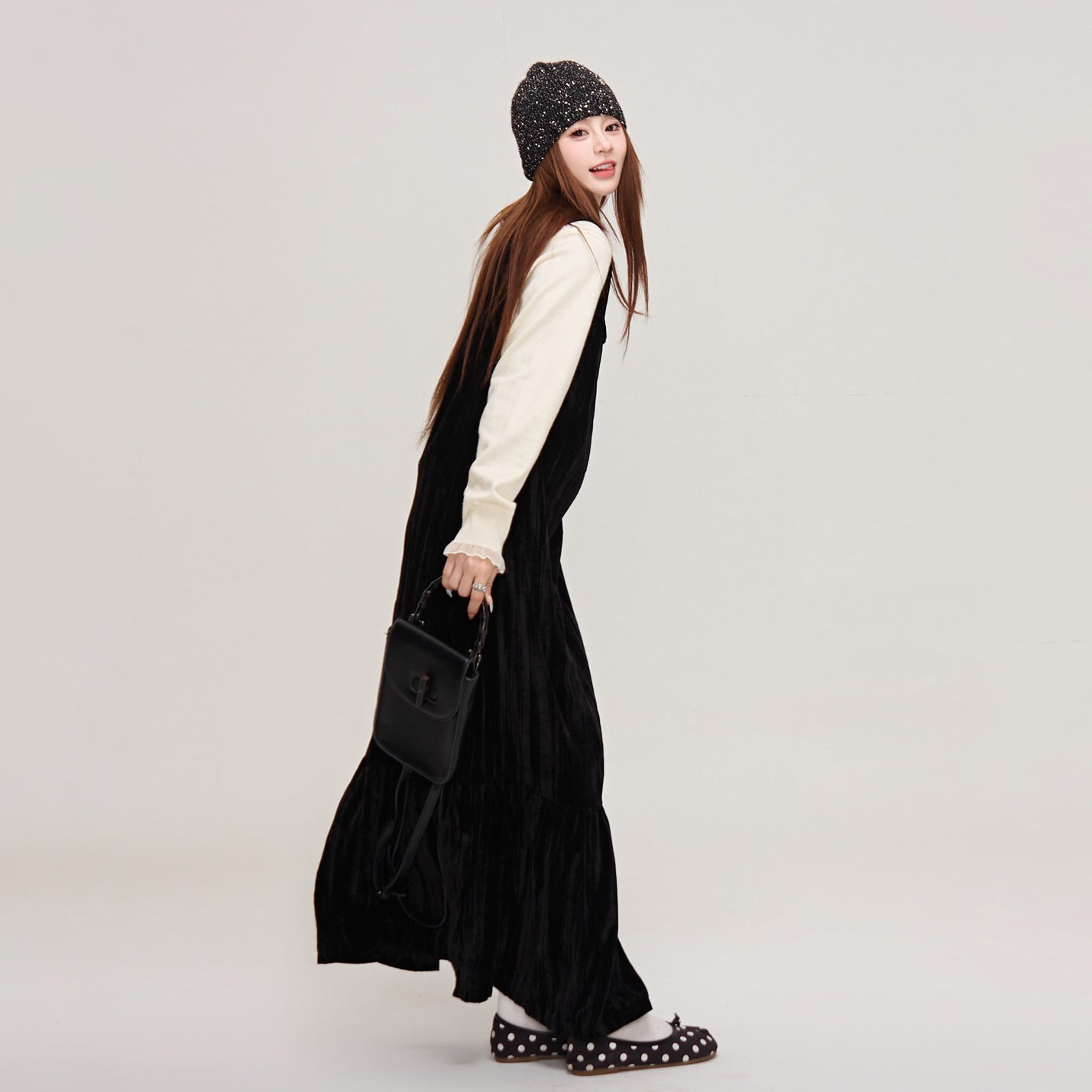 【ワンピース】上品＆高見え♡ブラックベルベット ノースリーブワンピース ロングベストワンピ  レディース 秋冬気品【JZシリーズ】