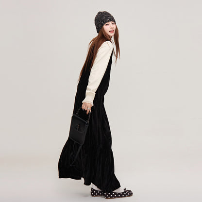 【ワンピース】上品＆高見え♡ブラックベルベット ノースリーブワンピース ロングベストワンピ  レディース 秋冬気品【JZシリーズ】