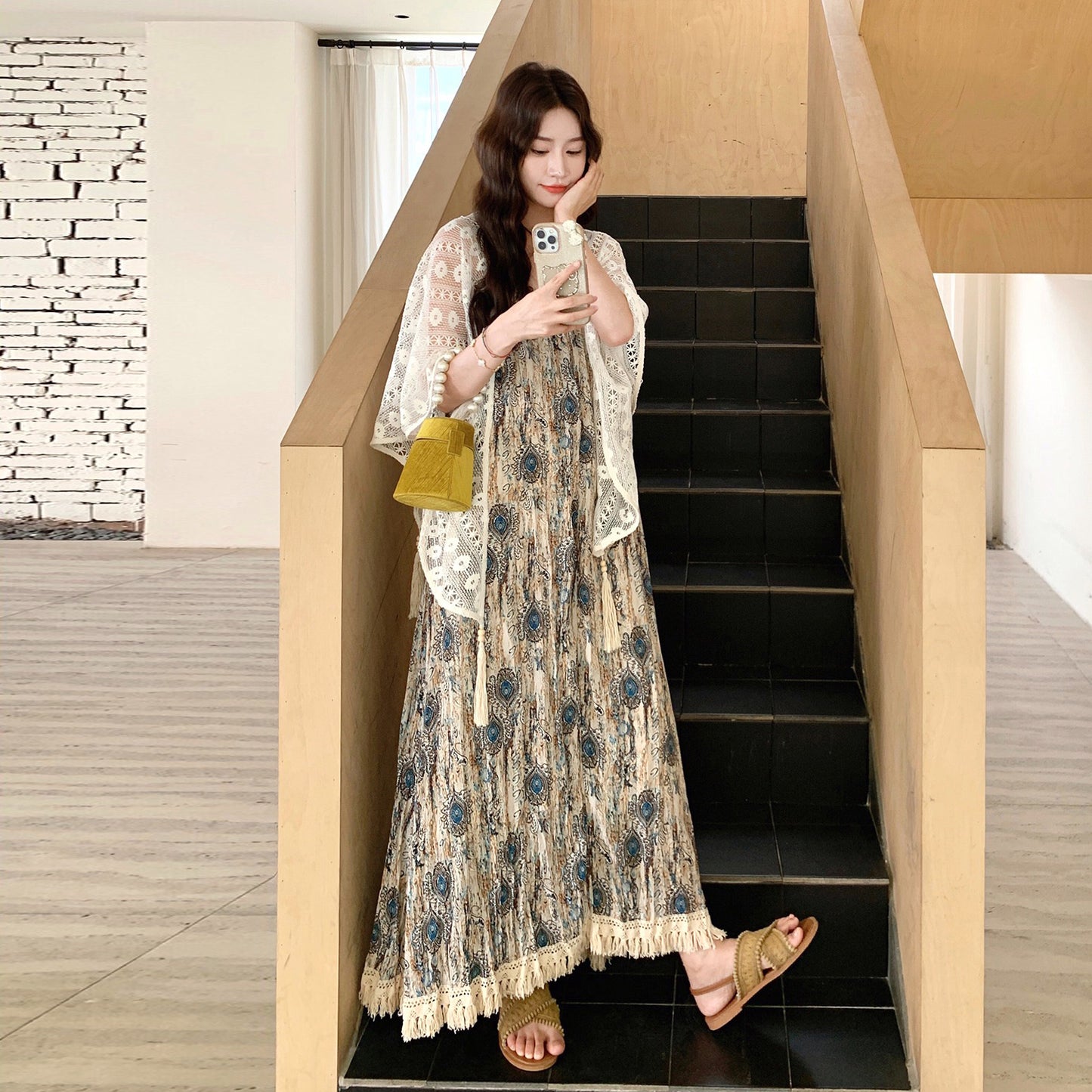 【ワンピース】レースショール付き！フレンチ風プリントノースリーブワンピース・夏のバカンスコーデ【SHシリーズ】