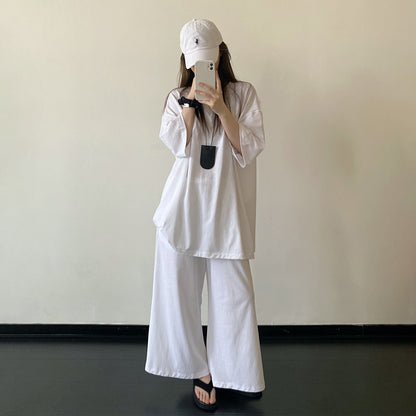 【セットアップ】【単品注文】リネンコットン風 半袖Tシャツ＋ワイドパンツ 上下セット ホワイト ゆったり ルーズフィット リラックス カジュアル 春夏【FCシリーズ】