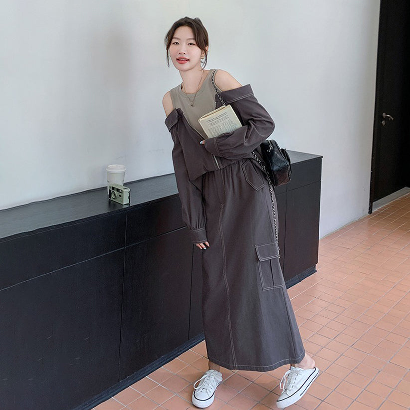 2点セット！【セットアップ】韓国風シック オフショルダー トップス+