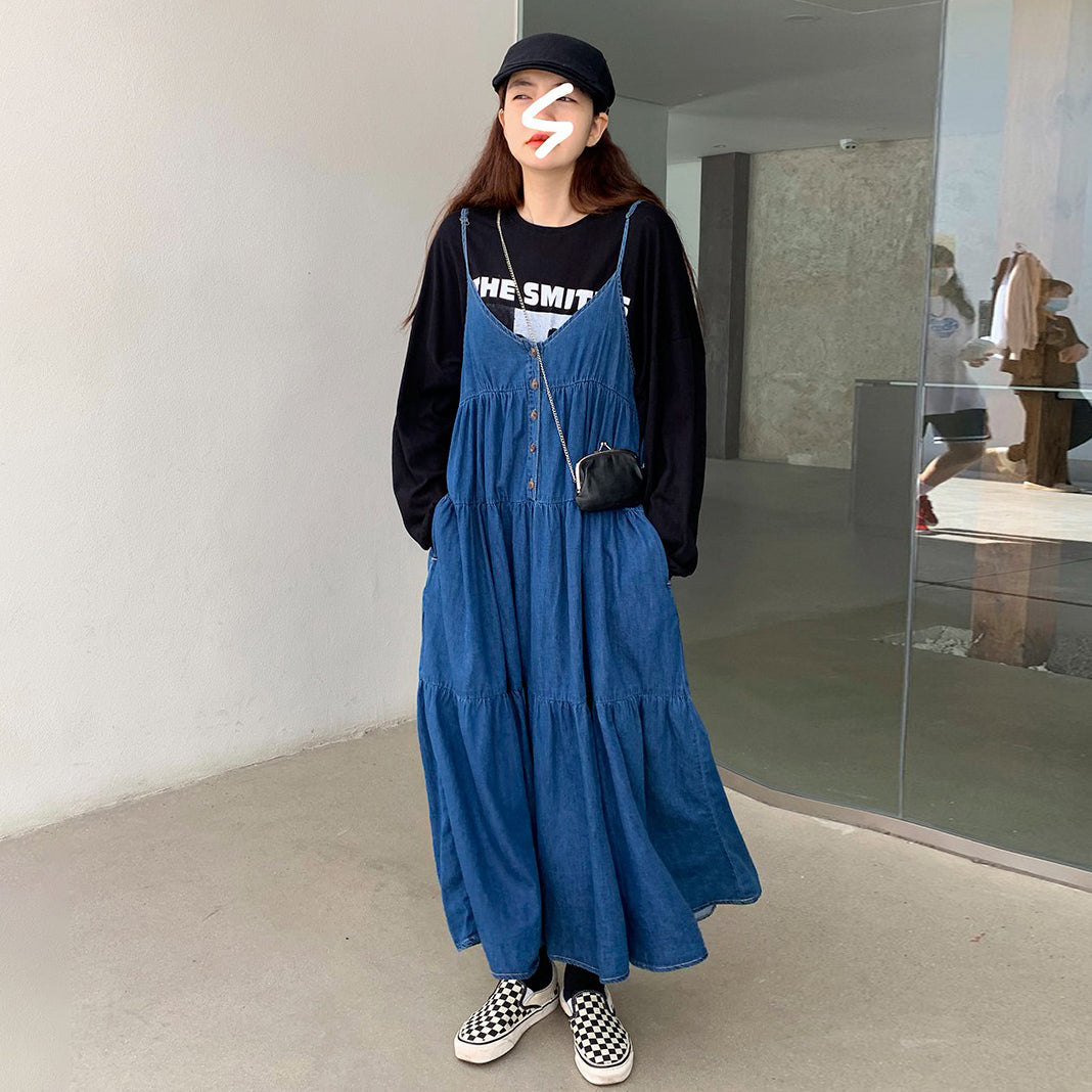 【ワンピース】韓国ファッション デニムノースリーブワンピース 春新作 ゆったり体型カバー 小顔効果 プリーツ入り フレアロング丈 おしゃれデザイン【JZシリーズ】