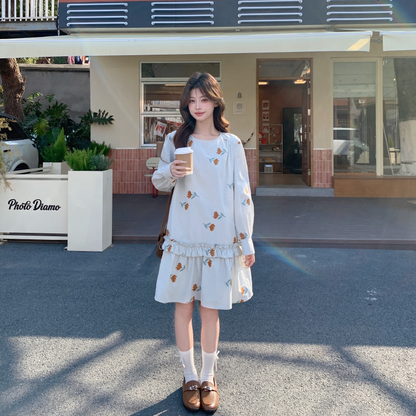【ワンピース】くすみブルー刺繍ワンピース レディース 小柄さん向け ゆったり 大人可愛い 秋コーデ【SHシリーズ】