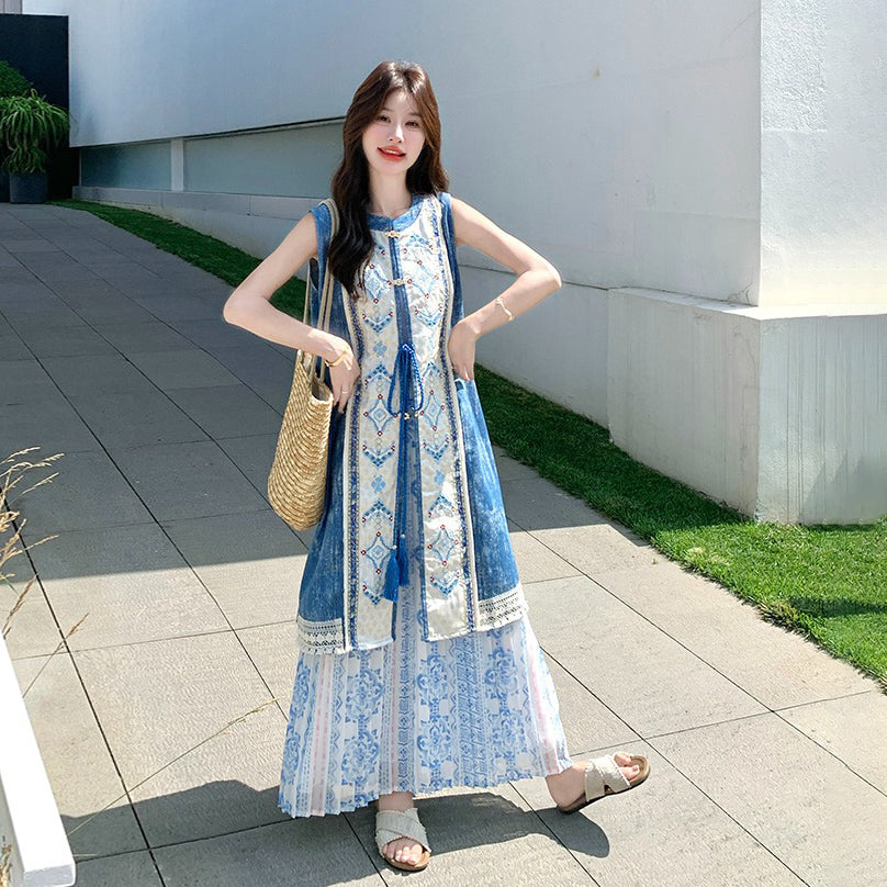 2点セット！【セットアップ】夏 ボヘミアン民族風プリント ベストワンピース＋スカート 2点セット【SHシリーズ】