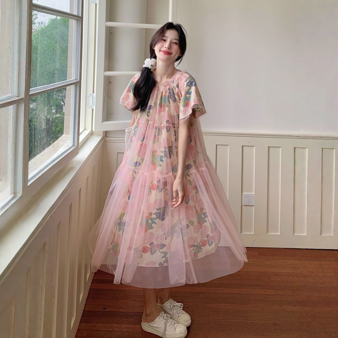 【ワンピース】プリント ゆったり お腹周りカバー  ロマンティック チュールワンピース 【SHシリーズ】