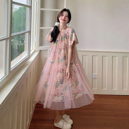 【ワンピース】プリント ゆったり お腹周りカバー  ロマンティック チュールワンピース 【SHシリーズ】