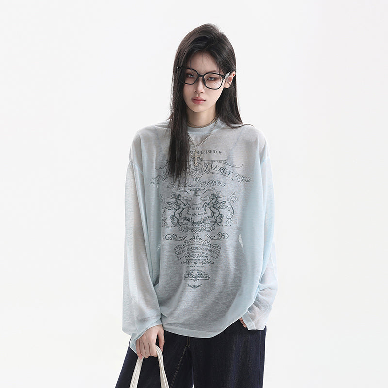 【トップス】アメリカンプリントシアーロンT レディース 薄手 長袖 透け感 ストリート Tシャツ【FCシリーズ】