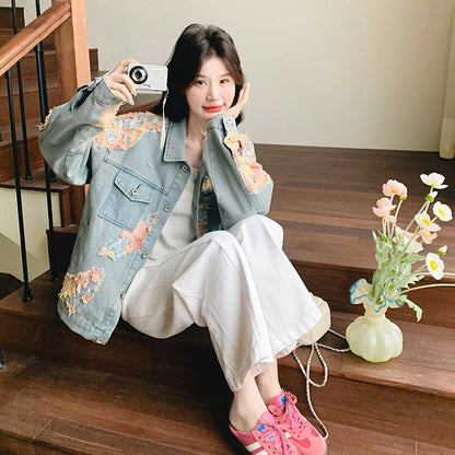 【アウター】おしゃれで若見え デザイン性デニムジャケット レディース  韓国風 レース切替配色ジャケット【SHシリーズ】
