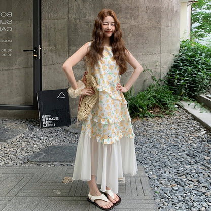 【ワンピース】夏 かわいい メッシュ切替 ゆったり ノースリーブ フラワーワンピース【SHシリーズ】