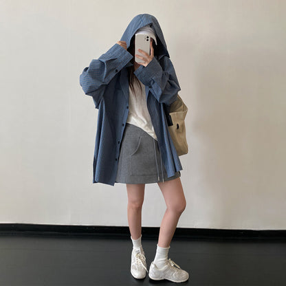 【アウター】ブルー系チェック フード付き ドローストリング オーバーサイズ 体型カバー シャツカーディガン【FCシリーズ】