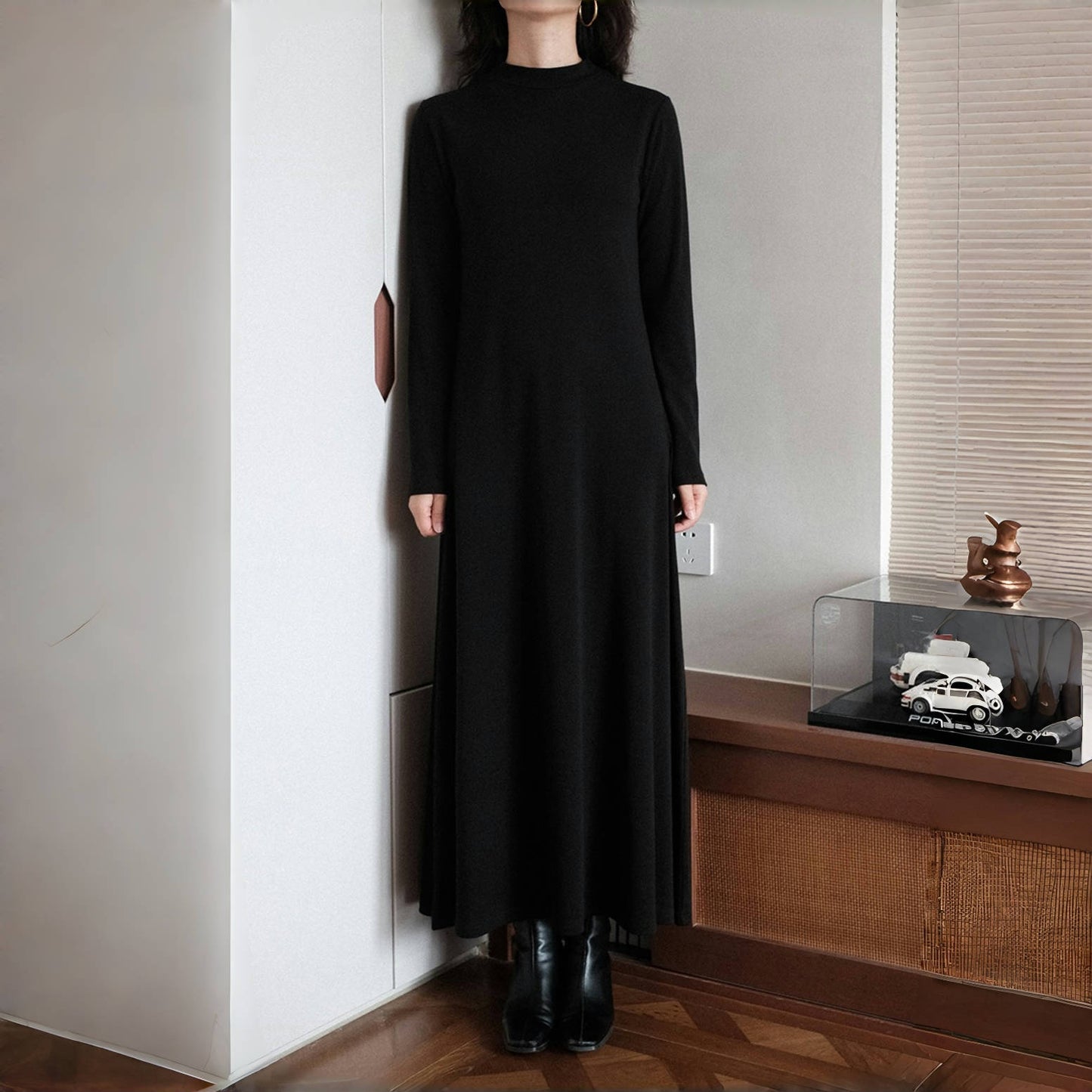 【ワンピース】春秋冬 合わせやすい シンプル ハイネック 長袖 ワンピース 【SNシリーズ】