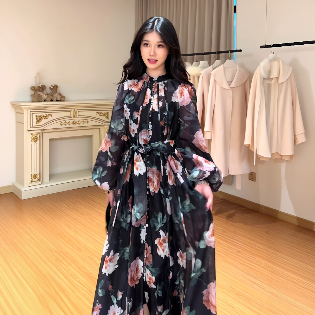 【ワンピース】通勤スタイル 小花柄 ハイネック バルーンスリーブ ロングワンピース 【SHシリーズ】