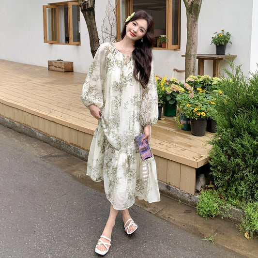 【ワンピース】レトロ風 花柄 半袖ワンピース レディース 夏 薄手 バックレス フレンチスタイル ロング丈【SHシリーズ】