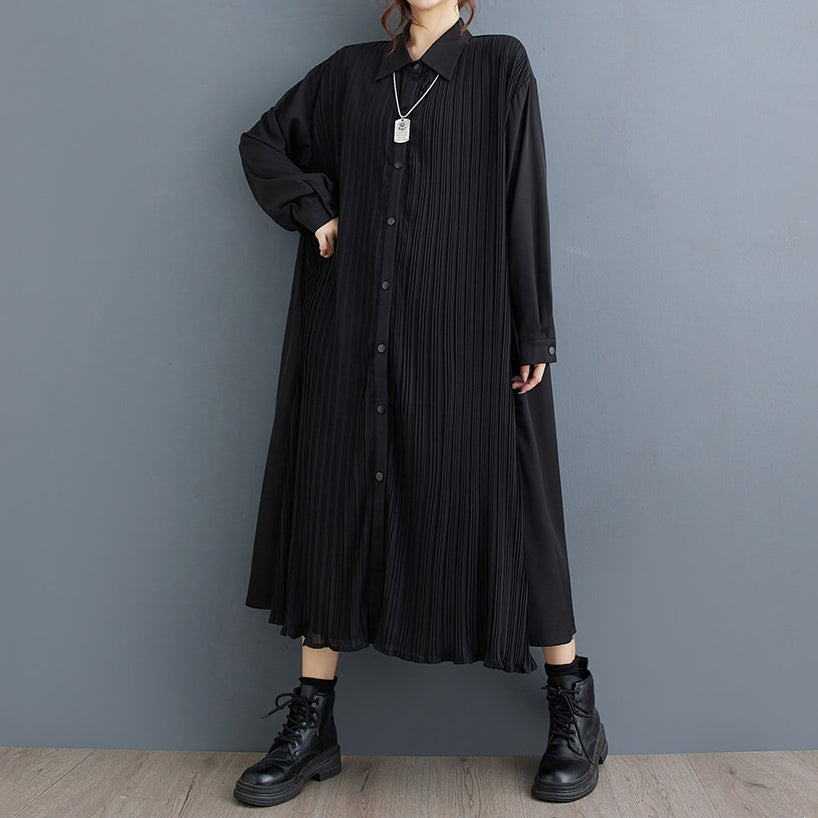 【ワンピース】ダーク系 無地 切替 プリーツ 長袖 シャツワンピース ゆるシルエット 垂れ感【AHシリーズ】