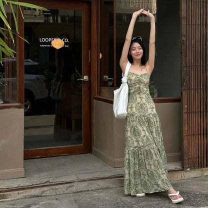 【ワンピース】【大人可愛い】フレンチ ノースリーブ キャミワンピース｜海辺 リゾート バカンス ロング丈｜上品 高級感 ビーチドレス【SHシリーズ】