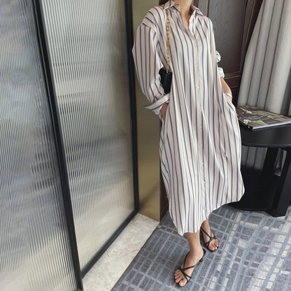 【ワンピース】韓国風 ストライプシャツワンピース レディース 長袖 春夏秋 ゆったりカジュアル ルーズシルエット ミモレ丈【SHシリーズ】