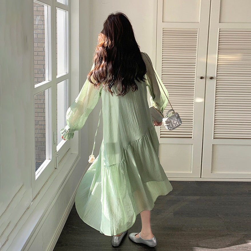 【ワンピース】グリーン フレンチ風ロマンティックワンピース新作 長袖 絶美ロングドレス【JZシリーズ】