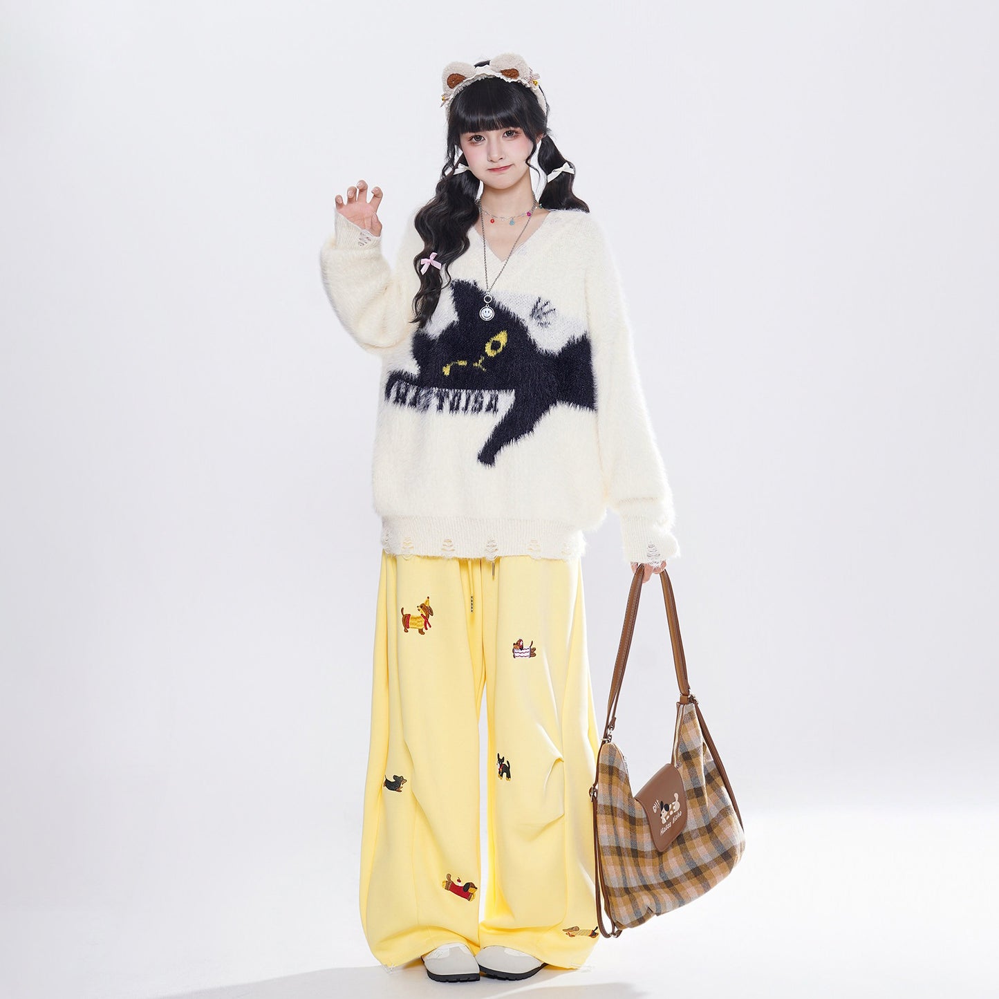 【トップス】猫刺繍 ニット レディース アメリカンヴィンテージ モヘア混 ルーズ【FCシリーズ】