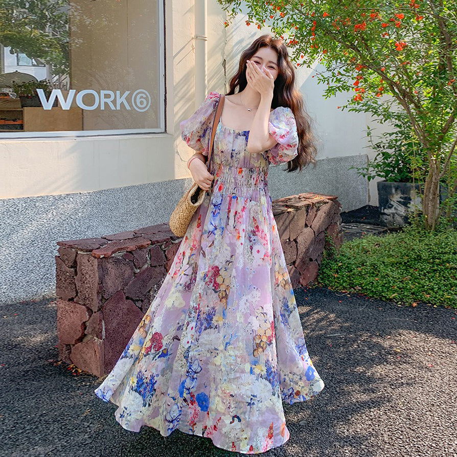 【ワンピース】夏 ドーパミン フラワー 油絵プリント 半袖ワンピース【SHシリーズ】