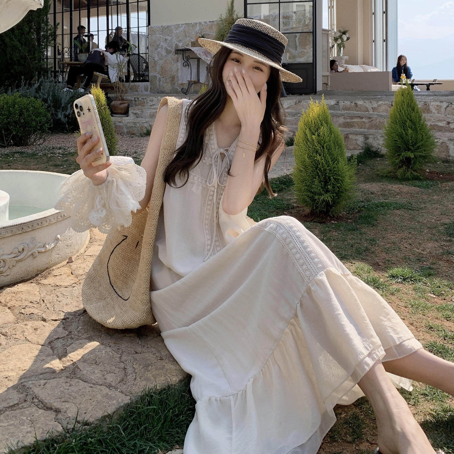 【ワンピース】ナチュラルガーリー フリルレース リボン配色 キャミワンピース レディース 夏新作 ゆったり ノースリーブ ロングワンピース かわいい 若見え【JZシリーズ】