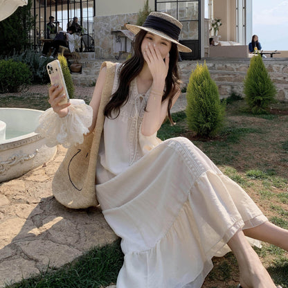 【ワンピース】ナチュラルガーリー フリルレース リボン配色 キャミワンピース レディース 夏新作 ゆったり ノースリーブ ロングワンピース かわいい 若見え【JZシリーズ】