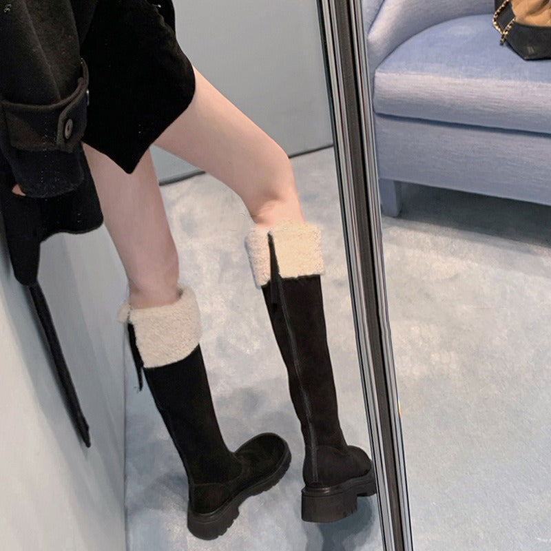 【シューズ】秋冬 新作 厚底 裏起毛 バックジップ ロングブーツ 太ヒール スエード調 【25~30日発送】