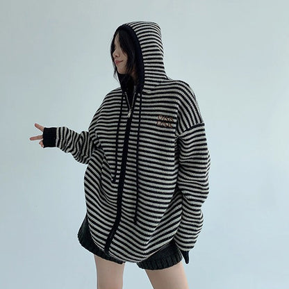 【トップス】ゆるレトロ感♡厚手ボーダーニットパーカー カーディガン レディース 冬の定番アイテム【FCシリーズ】