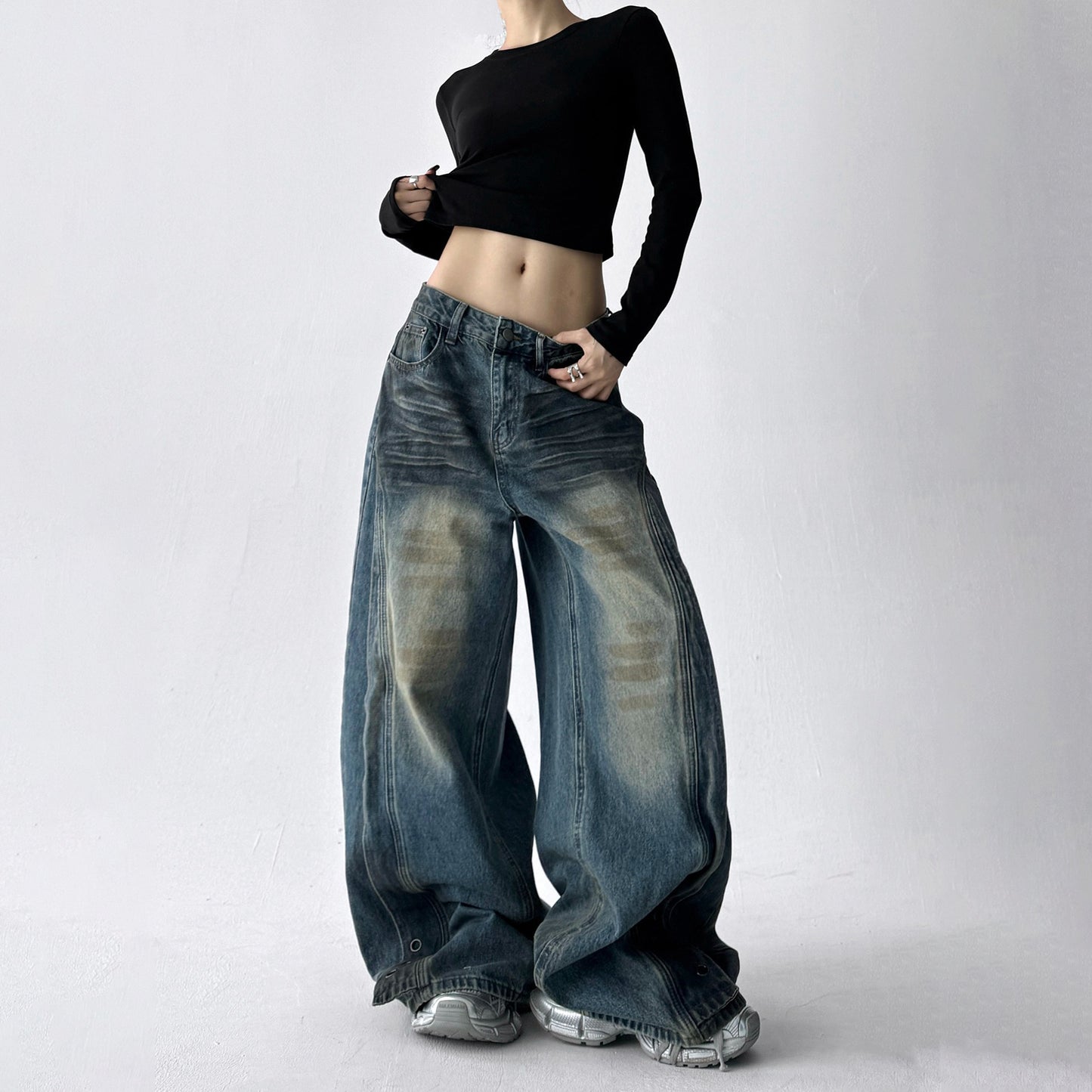 【ボトムス】デニム ハイウエスト ジーンズ 春秋 レディース ワイドストリートパンツ【FCシリーズ】