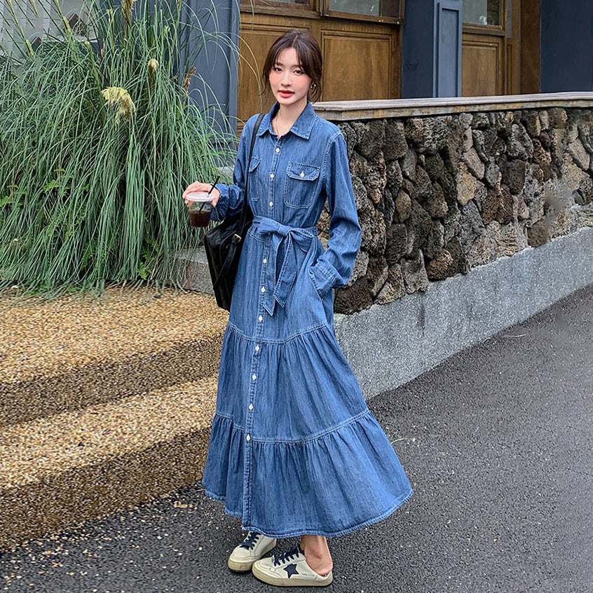 【ワンピース】高級感レトロ  デニム 長袖シャツワンピース 人気 ウエストマーク ロングワンピース【JZシリーズ】