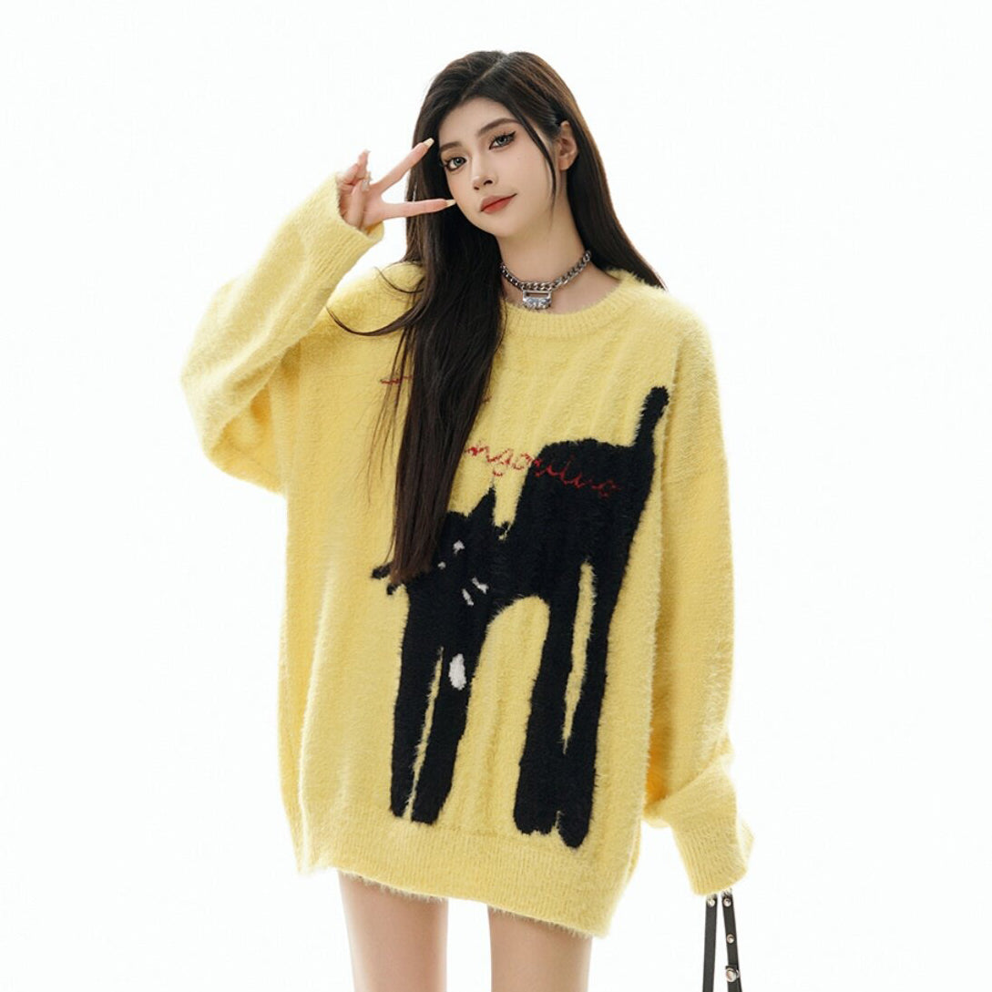 【トップス】猫モチーフ フェイクミンクニット レディース 秋冬 防寒 ゆったり カップル対応 プルオーバー【FCシリーズ】