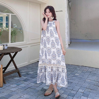 【ワンピース】高級感 青花瓷プリント 夏 刺繍 フリンジ ドレープ ノースリーブワンピース【SHシリーズ】