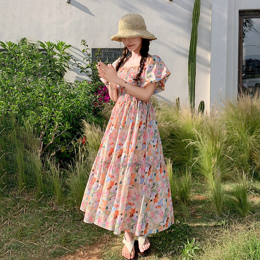 【ワンピース】ピンクプリント パフスリーブ 夏 カントリー風 半袖ワンピース【SHシリーズ】