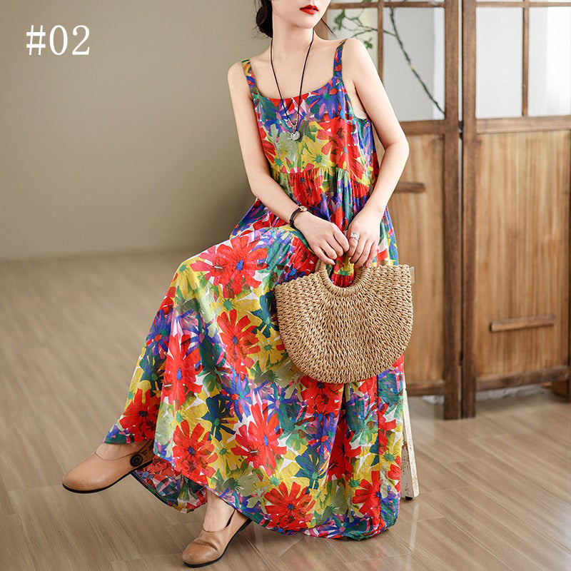 全6柄展開【ワンピース】綿麻素材 花柄キャミロングワンピース｜ゆったり大きめサイズ ノースリーブワンピース【SHシリーズ】