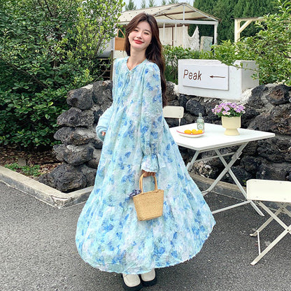 2点セット！【セットアップ】 ニットベスト×花柄 長袖ワンピース フレンチ風 リボン付き 若見えロング丈 セット【SHシリーズ】