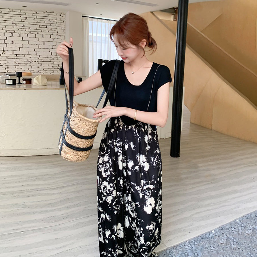 2点セット！【セットアップ】Tシャツ＋サロペット 上下セット レディース 夏 ワイドパンツ オールインワン ゆったり 体型カバー カジュアル【SHシリーズ】